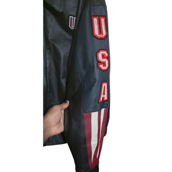 American Leather Jacket Men 2XL Multicolor USA Flag Eagle Bomber Biker Oversized - Picture 4 of 16